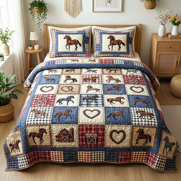 Ranch Life quilted 3-piece bedding set on a made bed in a rustic timber bedroom