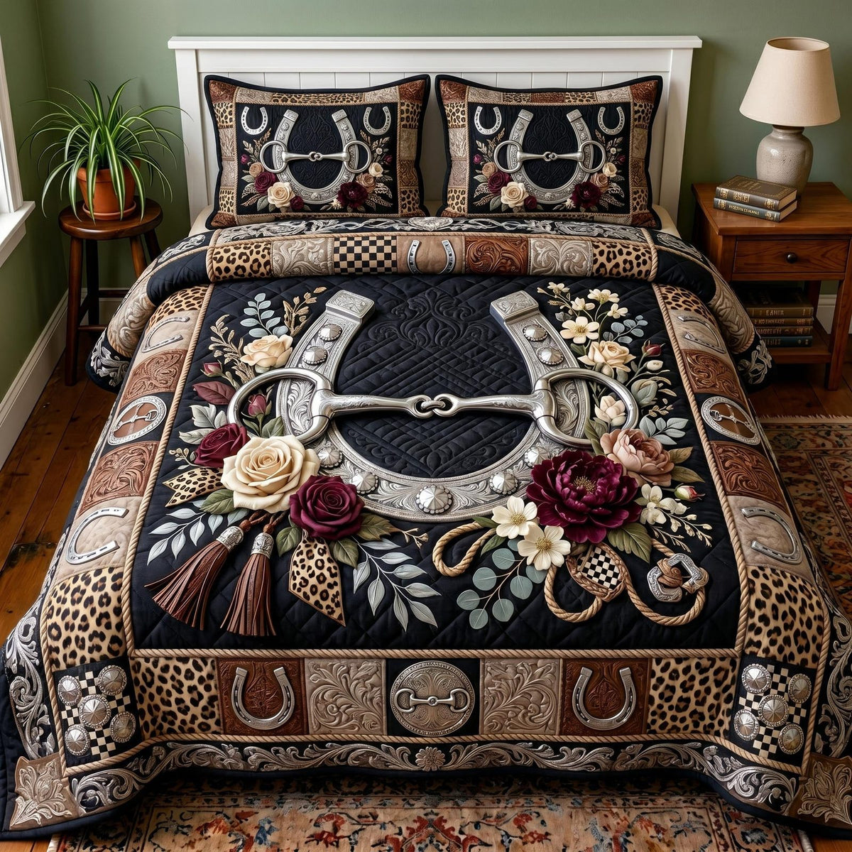 Ranch Spirit quilted 3-piece bedding set on a made bed in a rustic timber bedroom