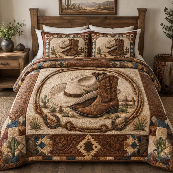 Ranch Spirit quilted 3-piece bedding set on a made bed in a rustic timber bedroom