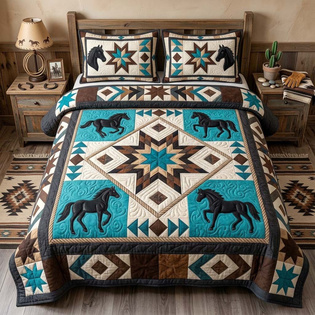 Ranch Star quilted 3-piece bedding set on a made bed in a rustic timber bedroom