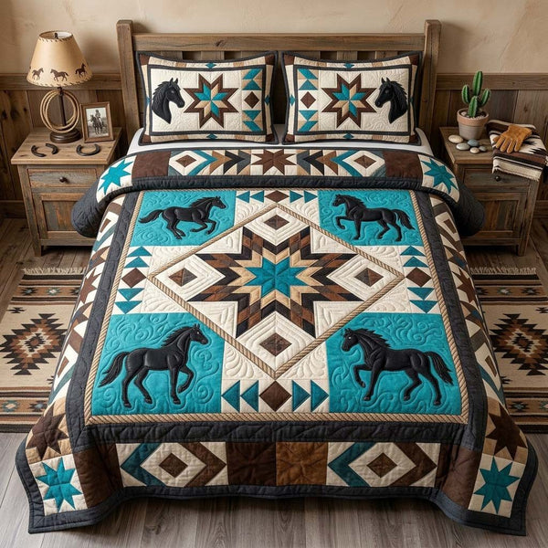 Ranch Star quilted 3-piece bedding set on a made bed in a rustic timber bedroom