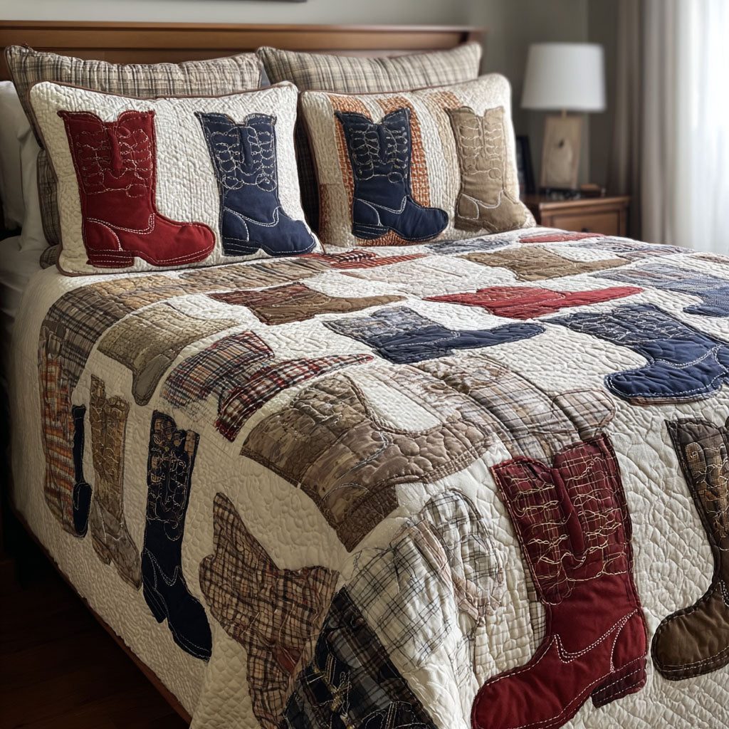 Ranch Style quilted 3-piece bedding set on a made bed in a rustic timber bedroom
