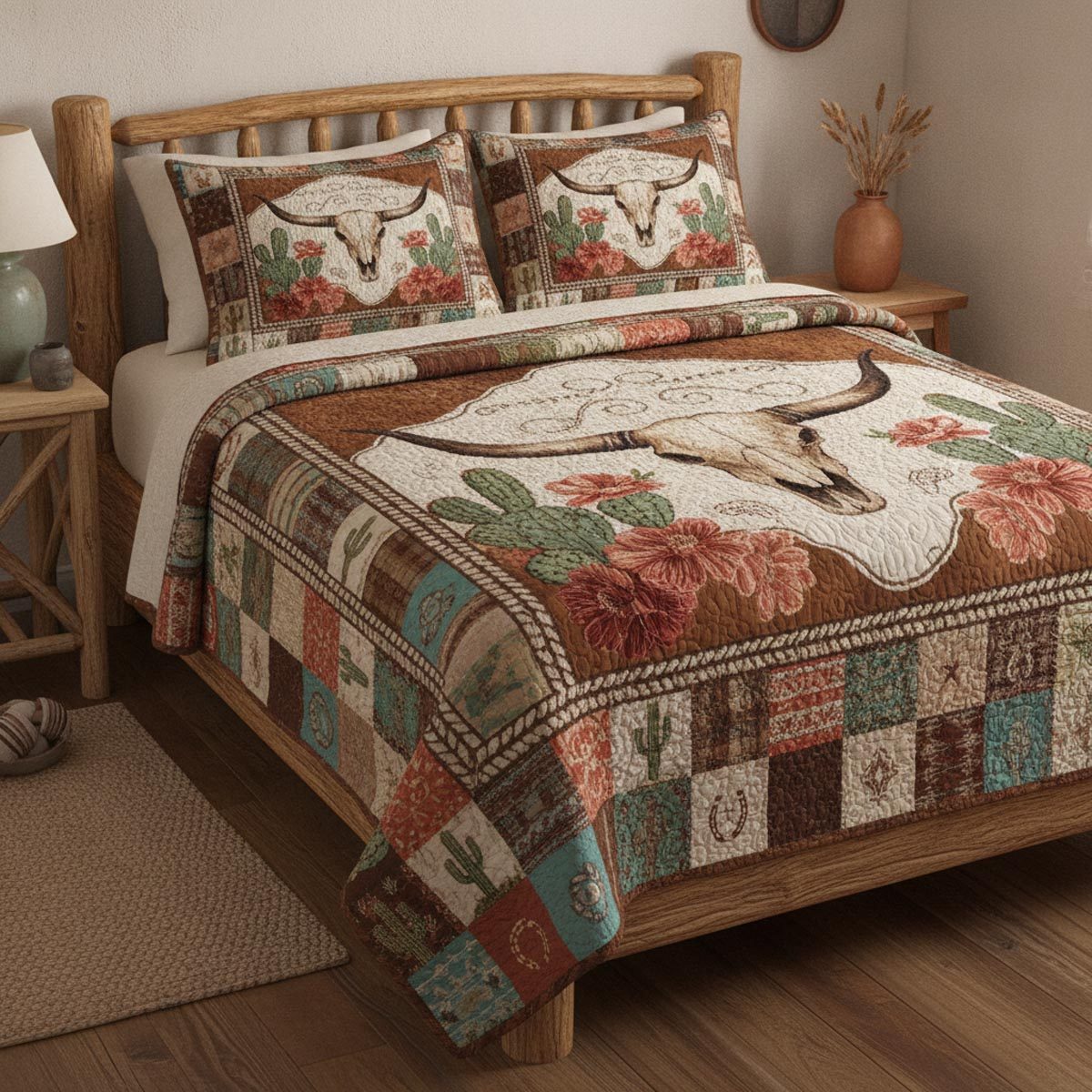 Ranchland Sunset Glow quilted 3-piece bedding set on a made bed in a rustic timber bedroom