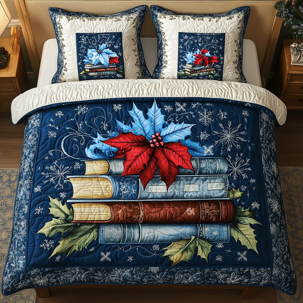 Read In Comfort quilted 3-piece bedding set on a made bed with two matching pillow shams