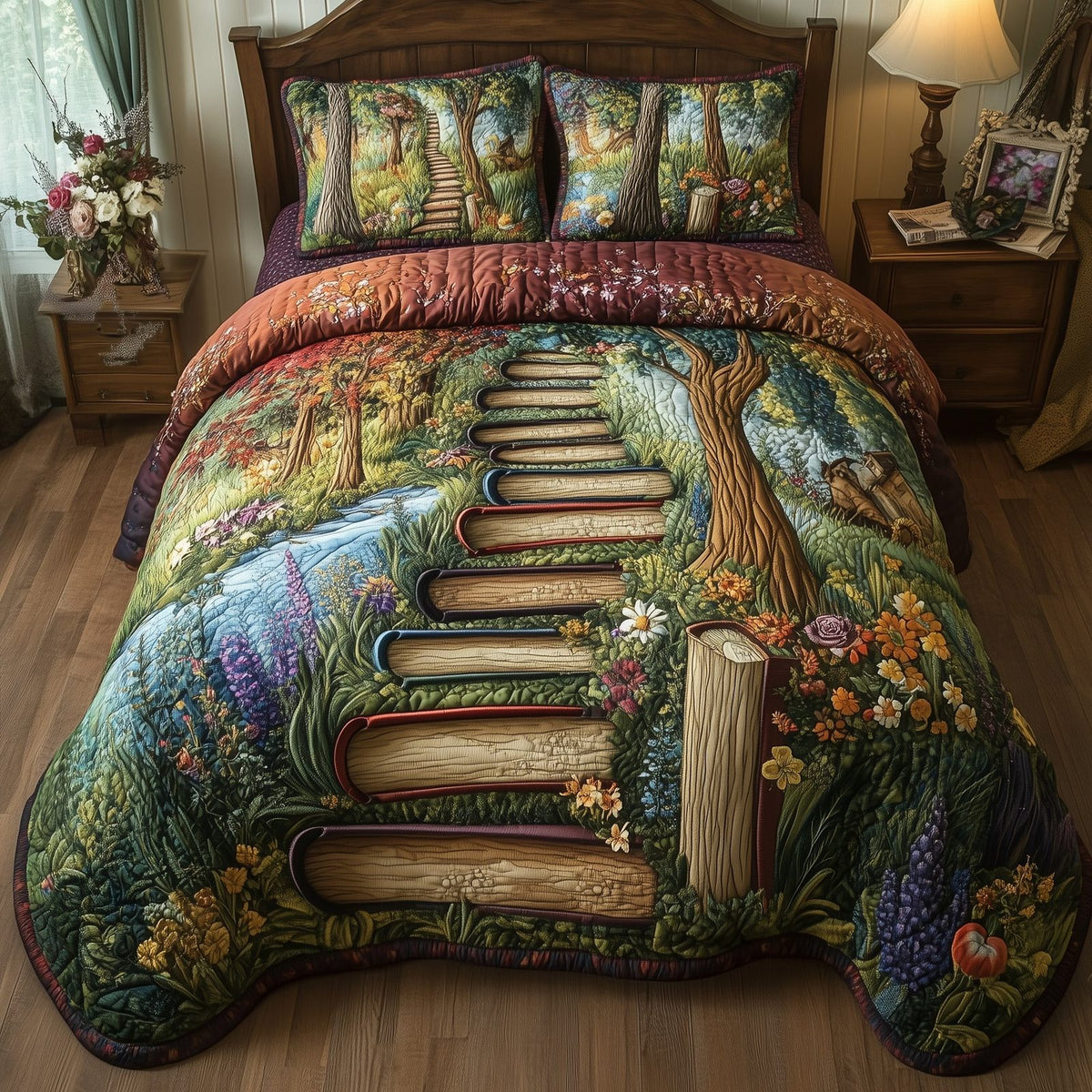 Readers Hideaway quilted 3-piece bedding set on a made bed with two matching pillow shams