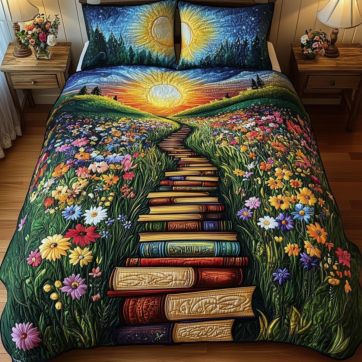 Readers Hideaway quilted 3-piece bedding set on a made bed with two matching pillow shams
