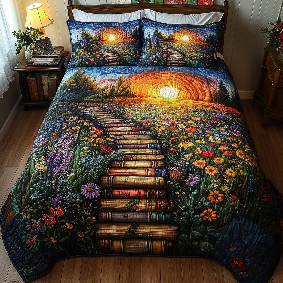 Readers Hideaway quilted 3-piece bedding set on a made bed with two matching pillow shams