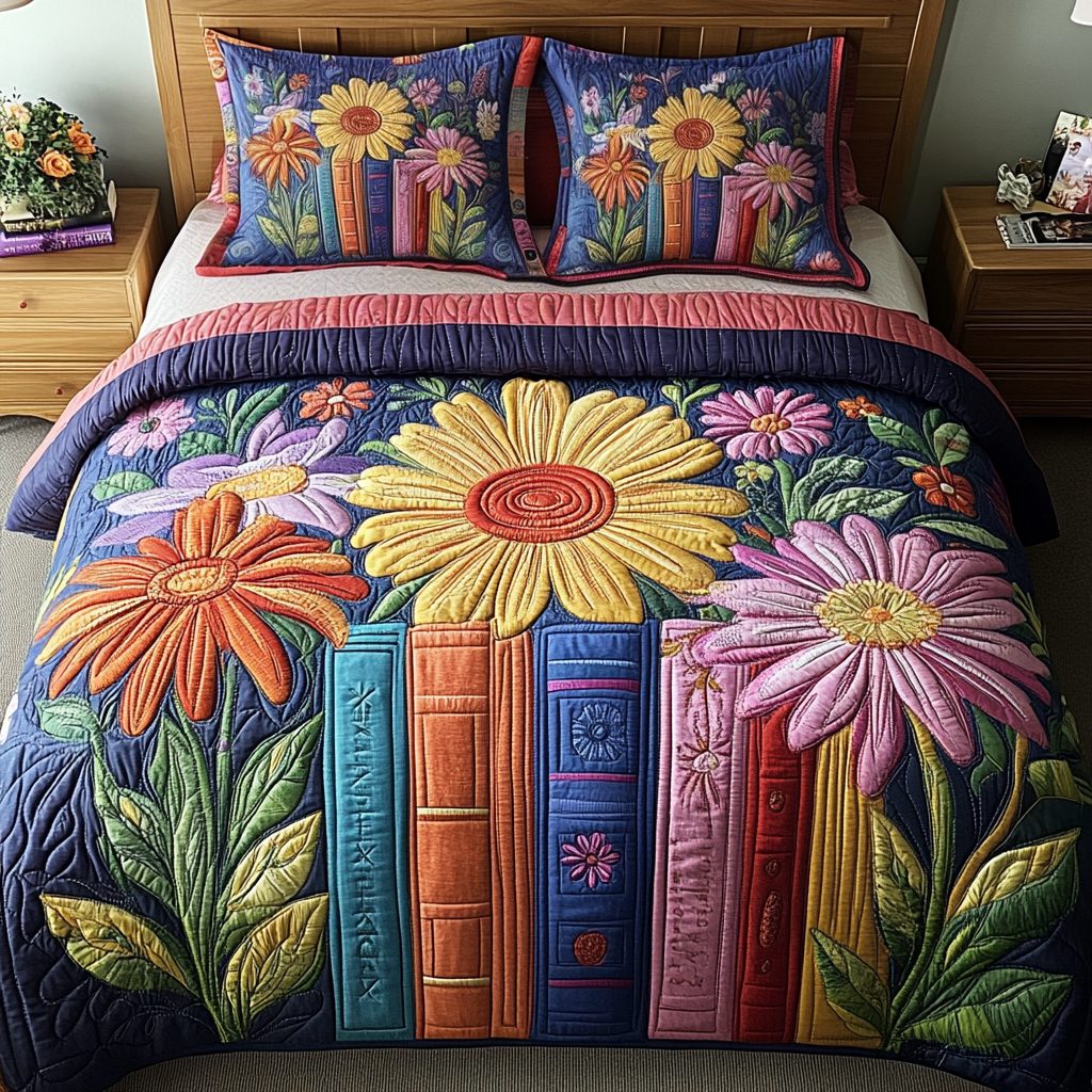 Reading Garden quilted 3-piece bedding set on a made bed with two matching pillow shams
