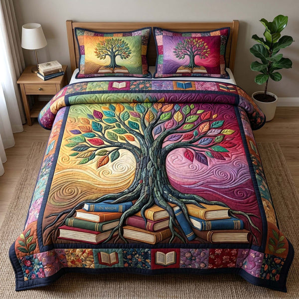 Reading Nook quilted 3-piece bedding set on a made bed with two matching pillow shams
