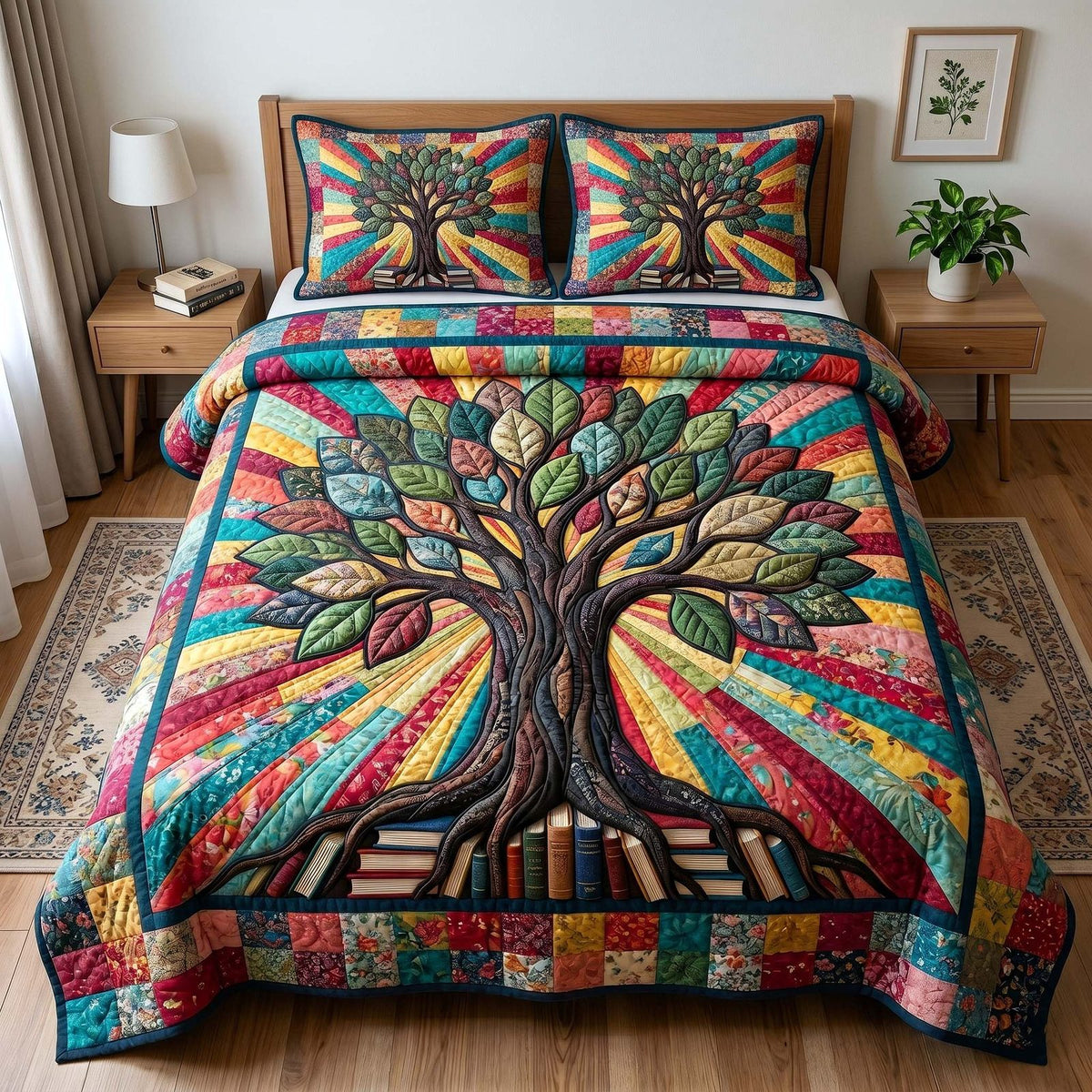 Reading Nook quilted 3-piece bedding set on a made bed with two matching pillow shams