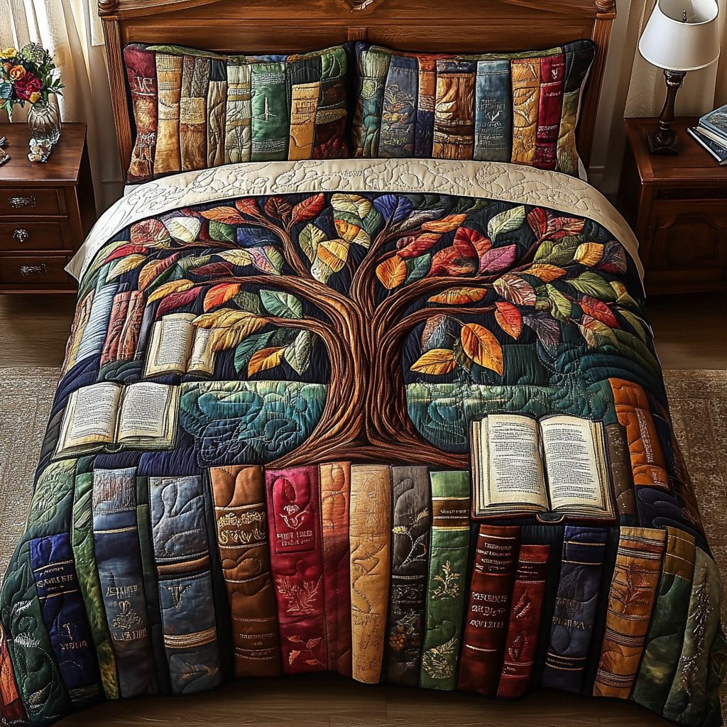 Reading Rest quilted 3-piece bedding set on a made bed with two matching pillow shams