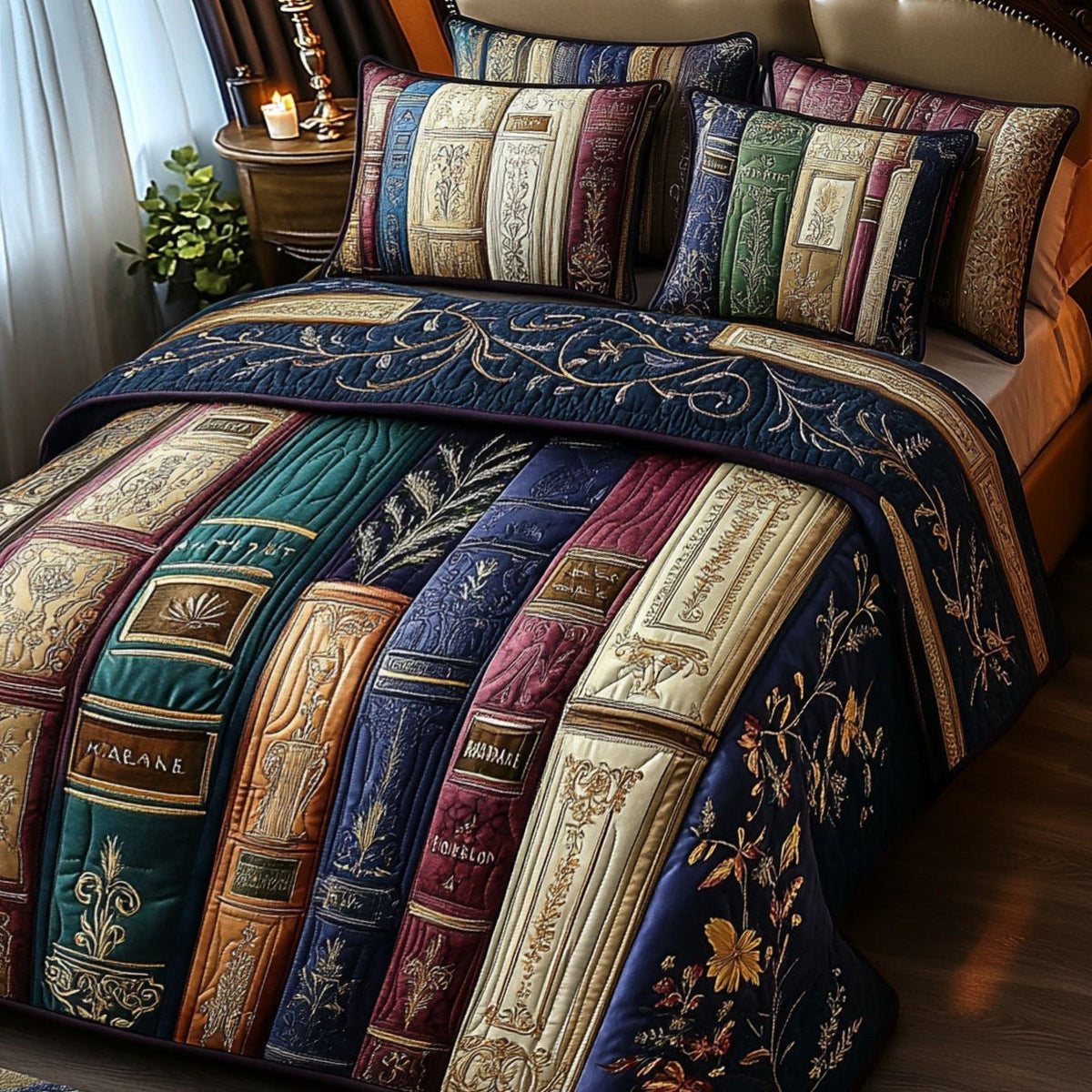 Reading Retreat quilted 3-piece bedding set on a made bed with two matching pillow shams