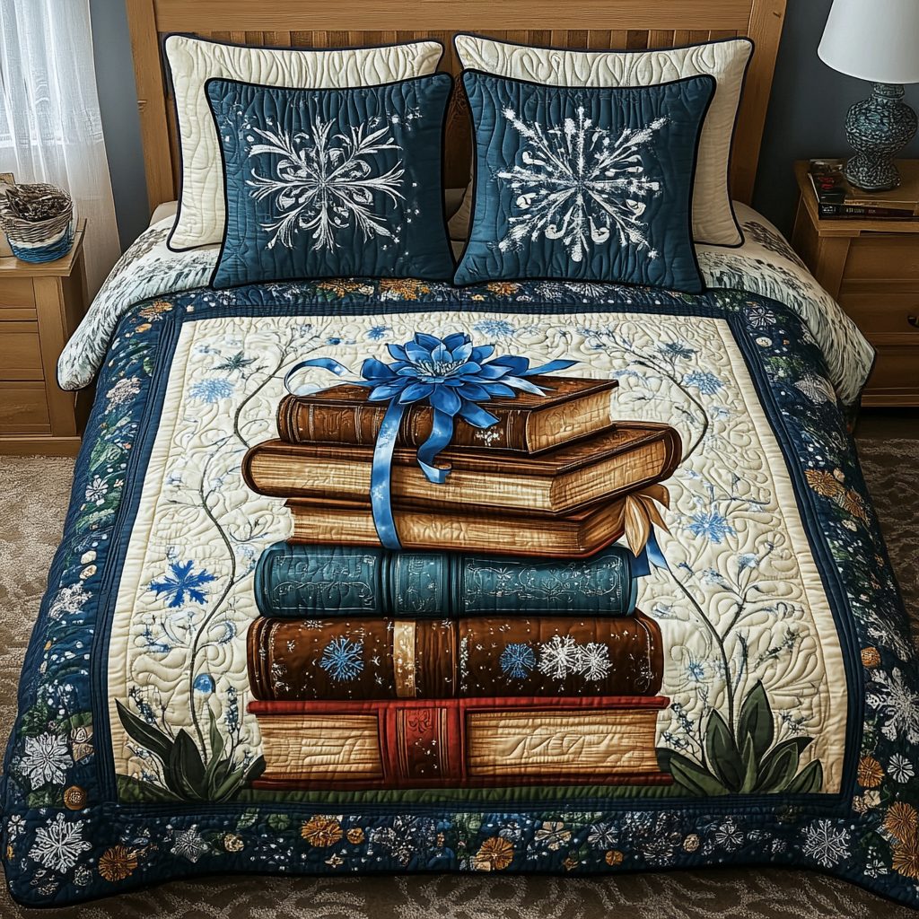 Reading Season quilted 3-piece bedding set on a made bed with two matching pillow shams