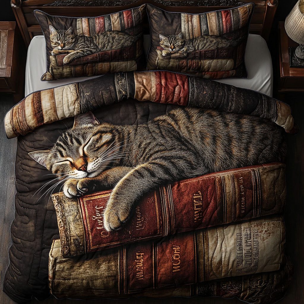 Reading Whiskers quilted 3-piece bedding set on a made bed with two matching pillow shams