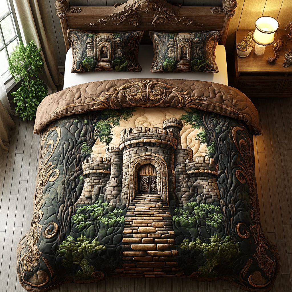 Realm of the Castle quilted 3-piece bedding set on a made bed with two matching pillow shams