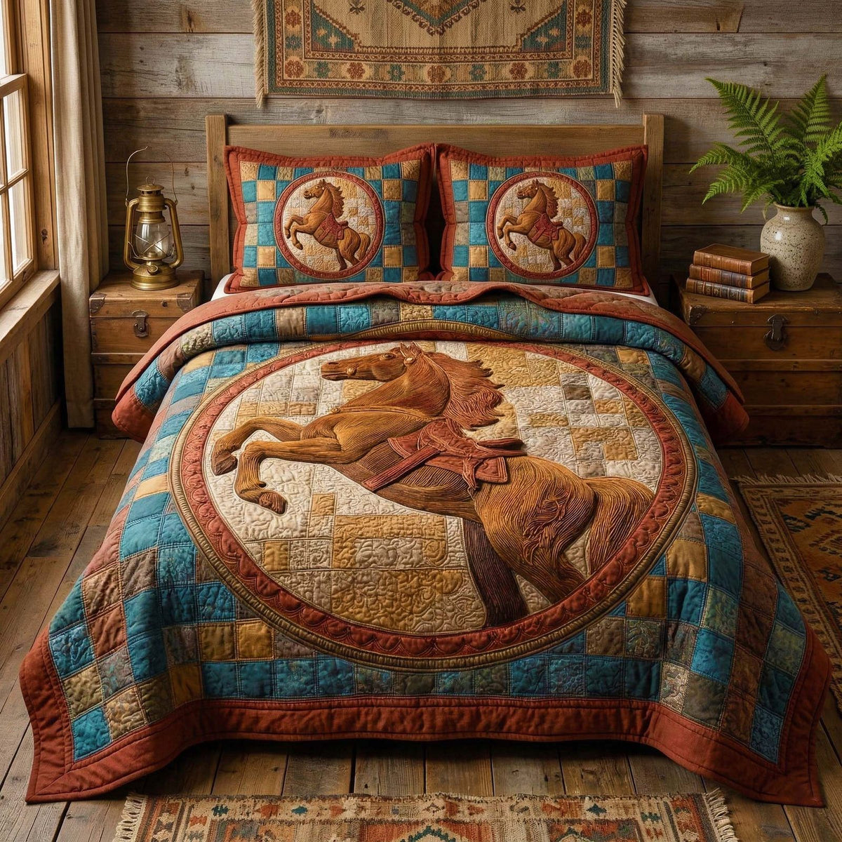 Rearing Stallion quilted 3-piece bedding set on a made bed in a rustic timber bedroom