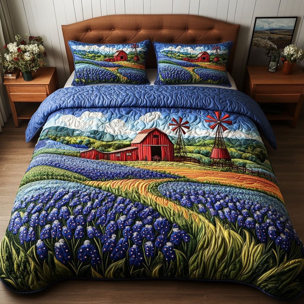Red Barn Bloom quilted 3-piece bedding set on a made bed in a farmhouse bedroom