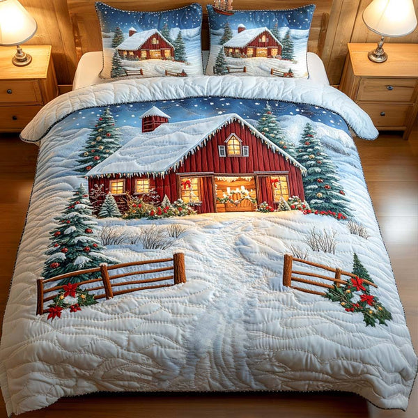 Red Barn Christmas Eve quilted 3-piece bedding set on a made bed in a winter-styled bedroom