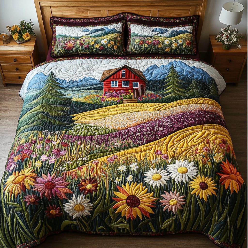 Red Barn Retreat quilted 3-piece bedding set on a made bed in a farmhouse bedroom