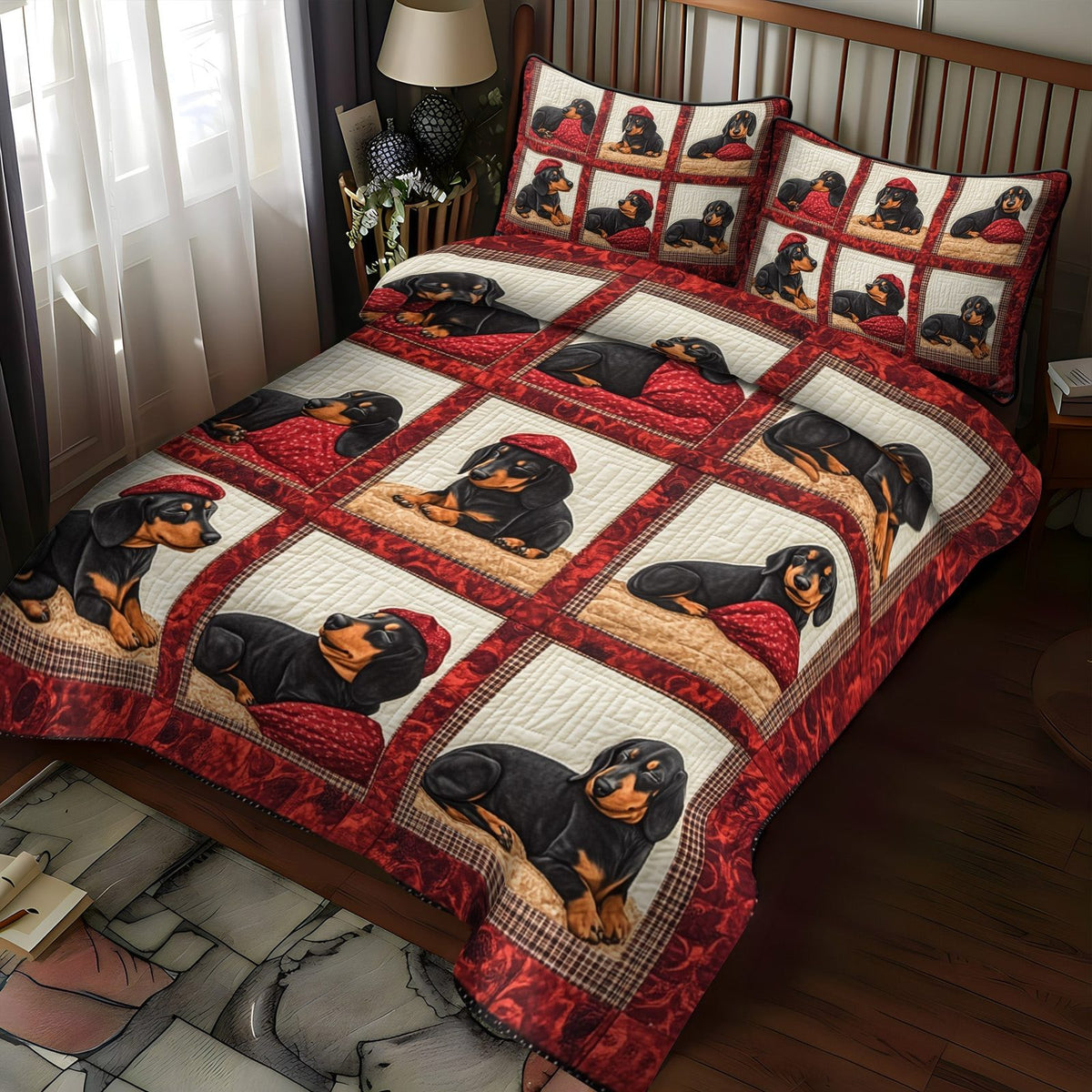 Red Cap Pup quilted 3-piece bedding set on a made bed with two matching pillow shams