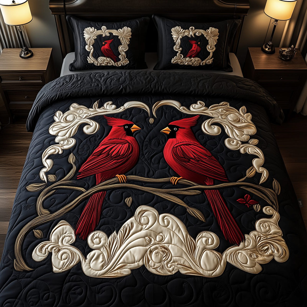 Red Cardinal Couple quilted 3-piece bedding set on a made bed with two matching pillow shams