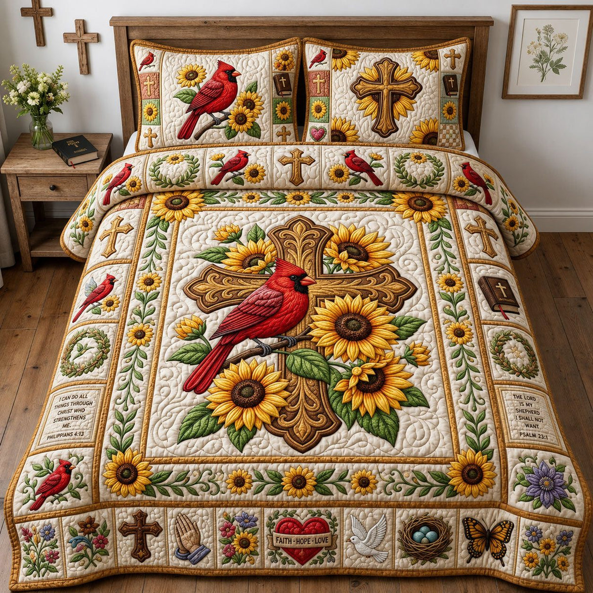 Red Cardinal Flowers quilted 3-piece bedding set on a made bed with two matching pillow shams