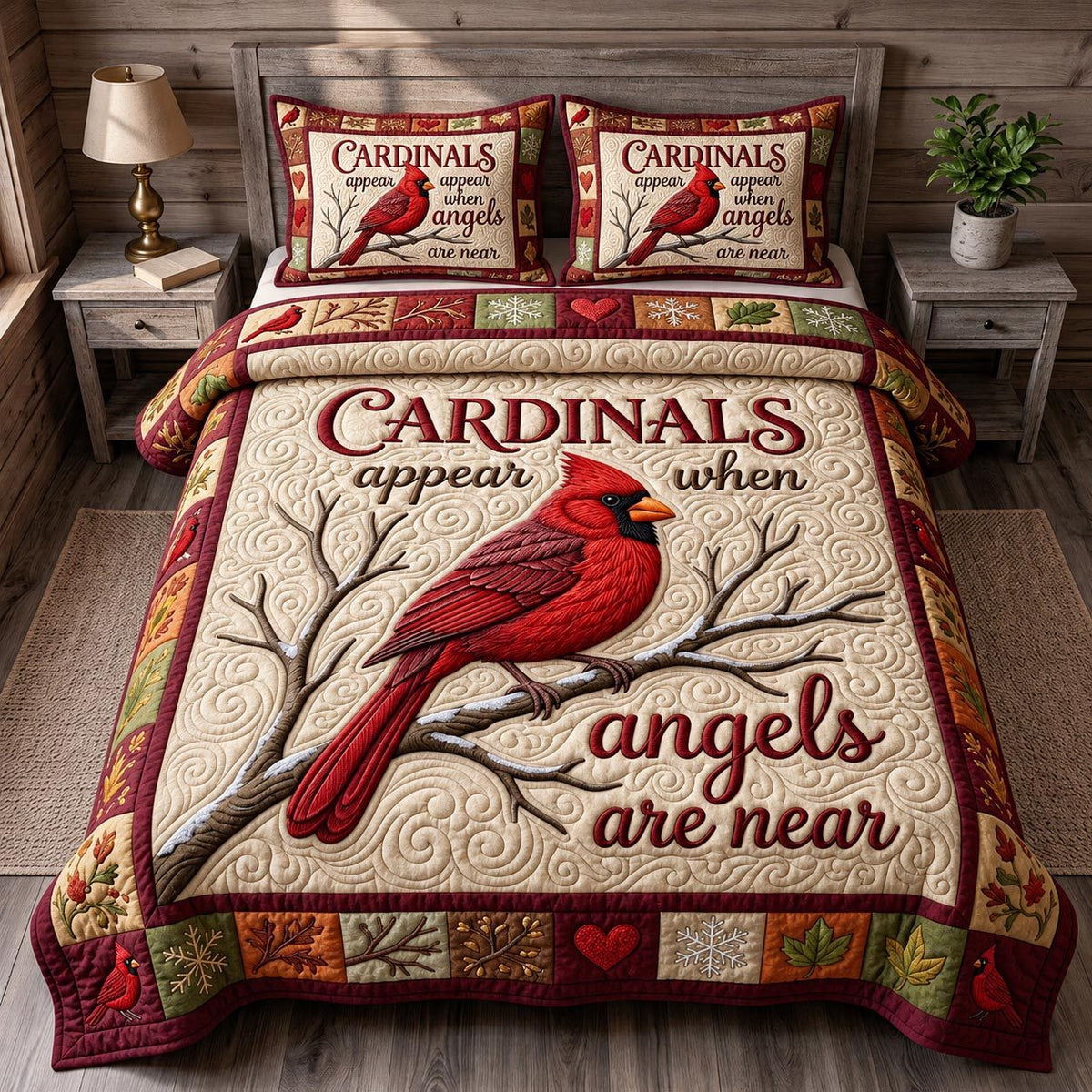 Red Cardinal quilted 3-piece bedding set on a made bed with two matching pillow shams