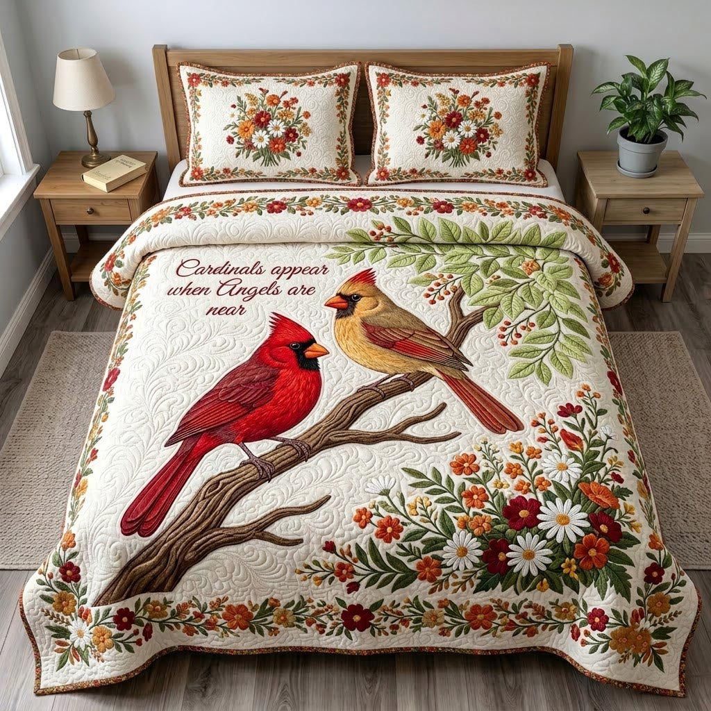Red Cardinal quilted 3-piece bedding set on a made bed with two matching pillow shams