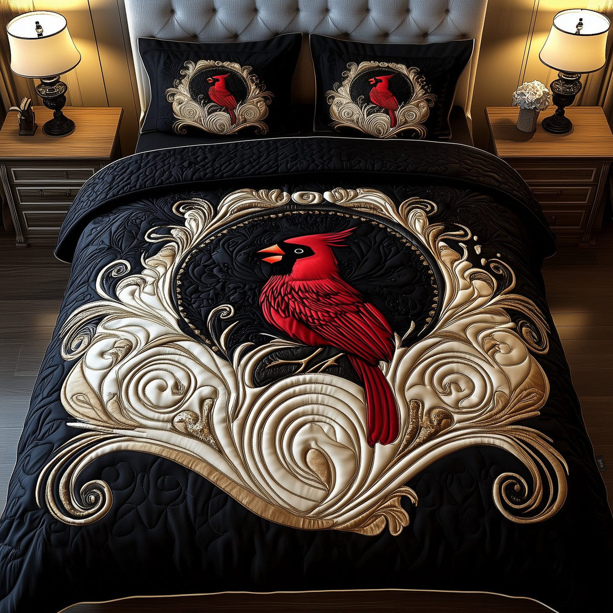 Red Cardinal quilted 3-piece bedding set on a made bed with two matching pillow shams