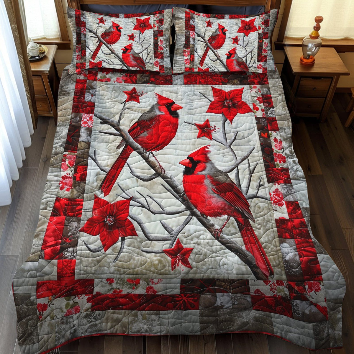 Red Cardinal quilted 3-piece bedding set on a made bed with two matching pillow shams