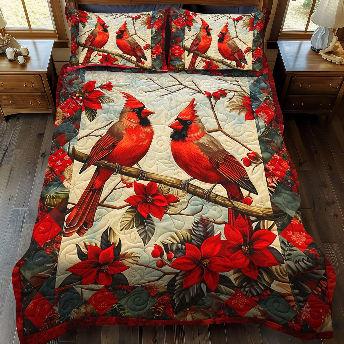 Red Cardinal Winter quilted 3-piece bedding set on a made bed in a winter-styled bedroom