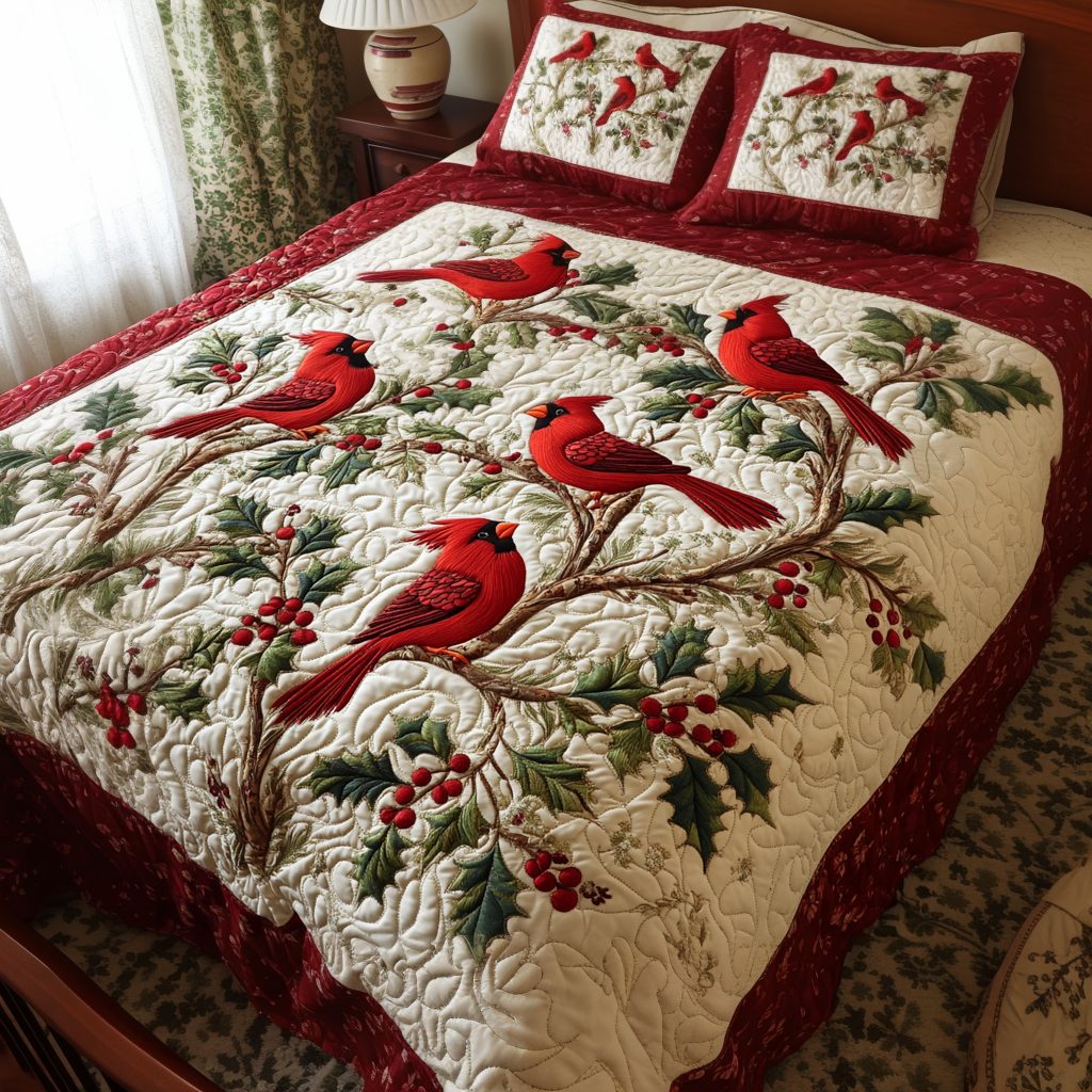 Red Feather Elegance quilted 3-piece bedding set on a made bed with two matching pillow shams