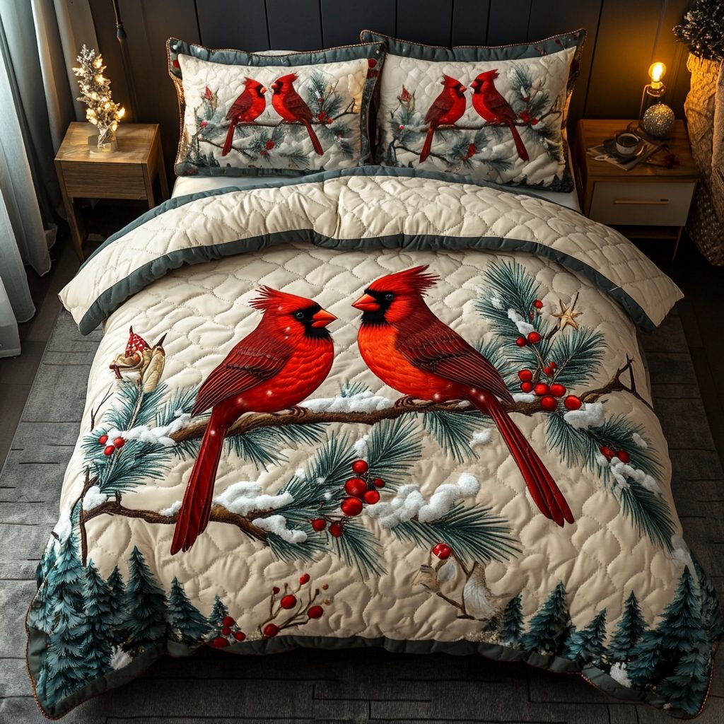 Red Feathered Beauty quilted 3-piece bedding set on a made bed with two matching pillow shams