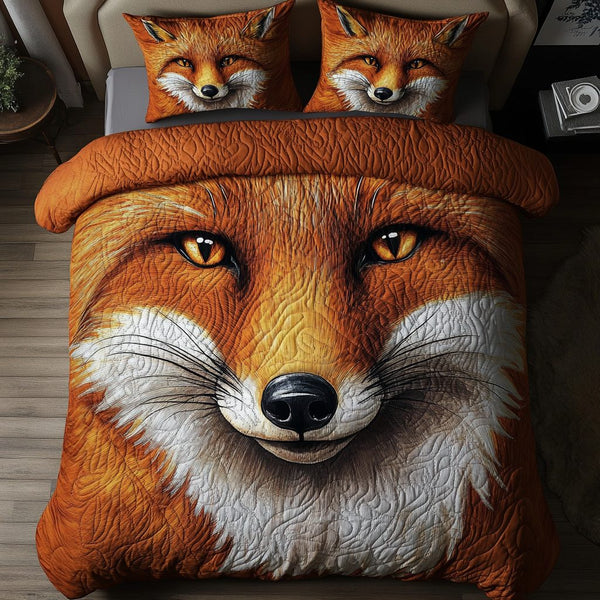 Red Fox Adventure quilted 3-piece bedding set on a made bed in a winter-styled bedroom