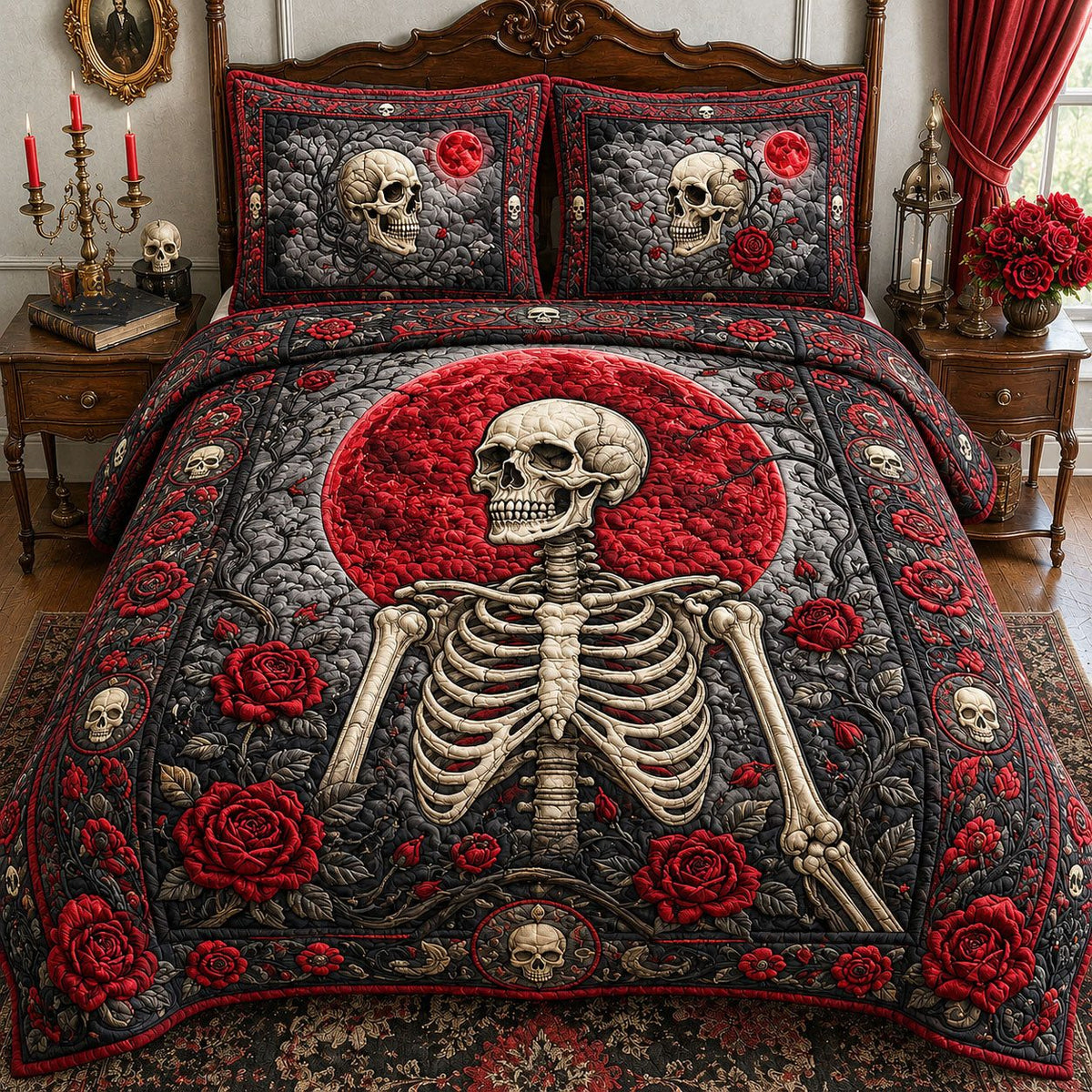 Red Moon Skeleton quilted 3-piece bedding set on a made bed against a dark styled interior