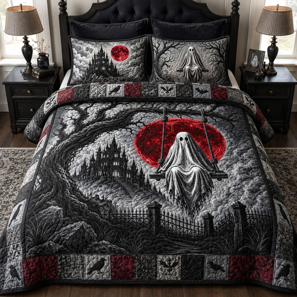 Red Moon Spooky Night quilted 3-piece bedding set on a made bed against a dark styled interior
