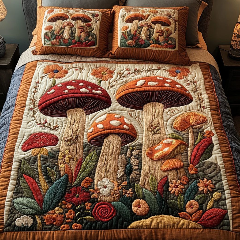 Red Mushroom Forest quilted 3-piece bedding set on a made bed with two matching pillow shams