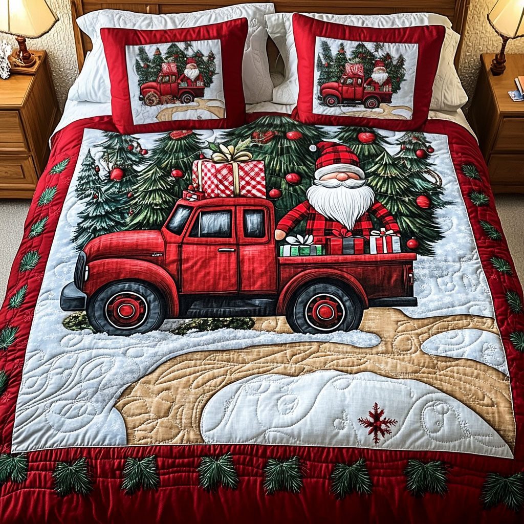 Red n Evergreen Joy quilted 3-piece bedding set on a made bed with two matching pillow shams