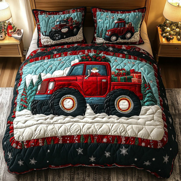 Red Sleigh Truck quilted 3-piece bedding set on a made bed in a winter-styled bedroom