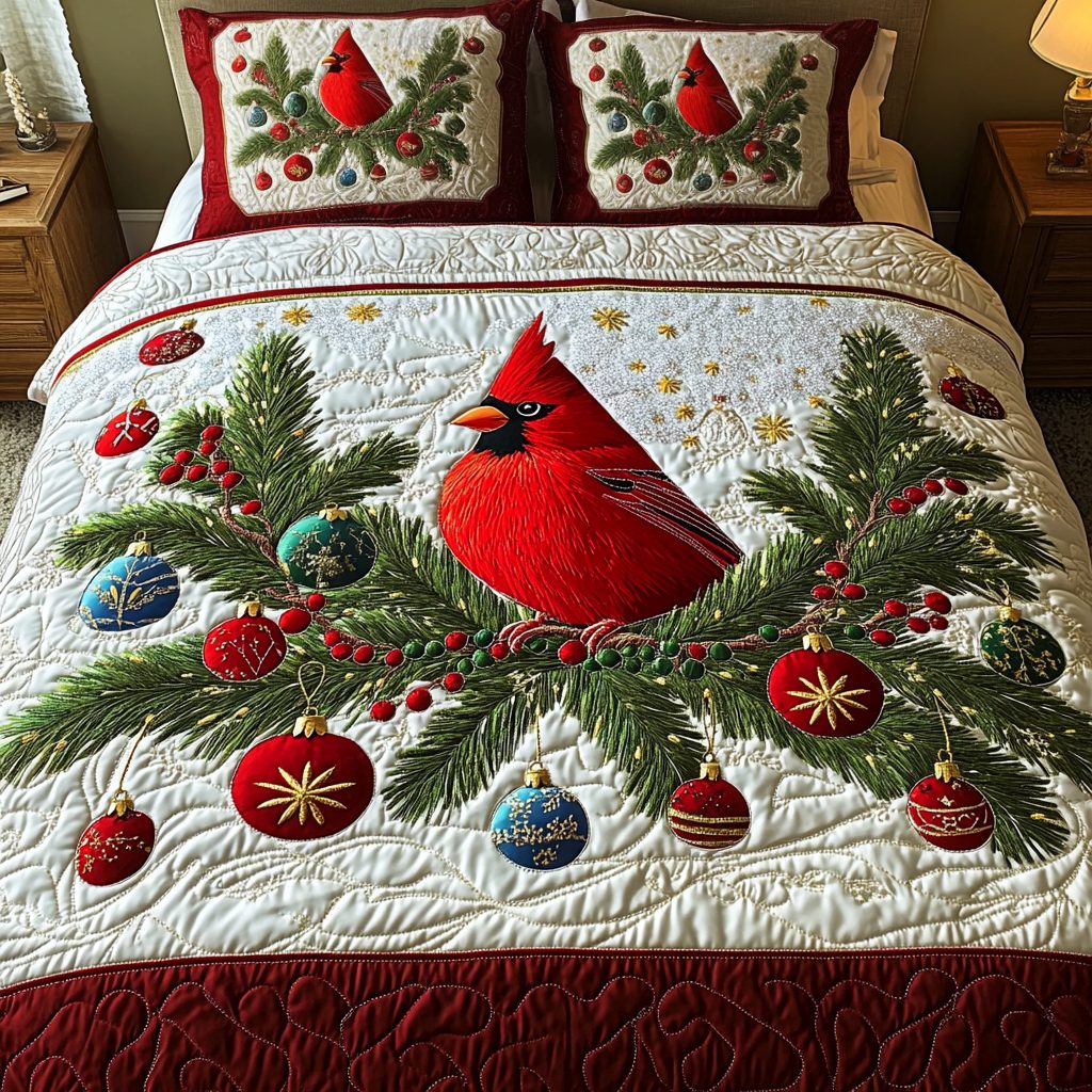 Red Splendor quilted 3-piece bedding set on a made bed with two matching pillow shams