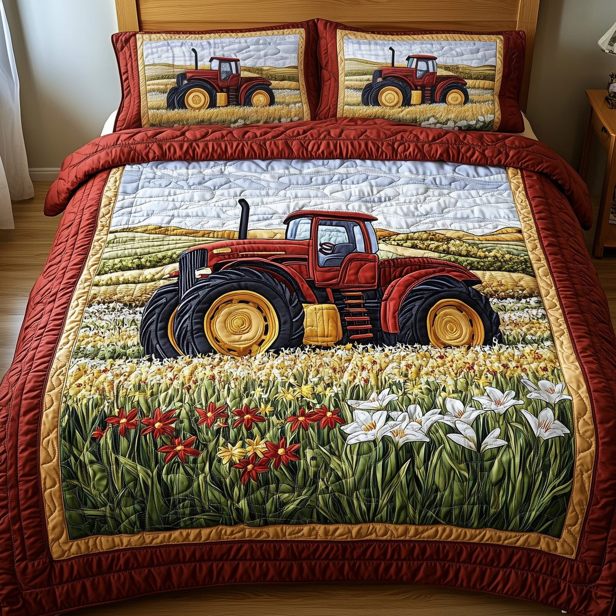 Red Tractor quilted 3-piece bedding set on a made bed with two matching pillow shams