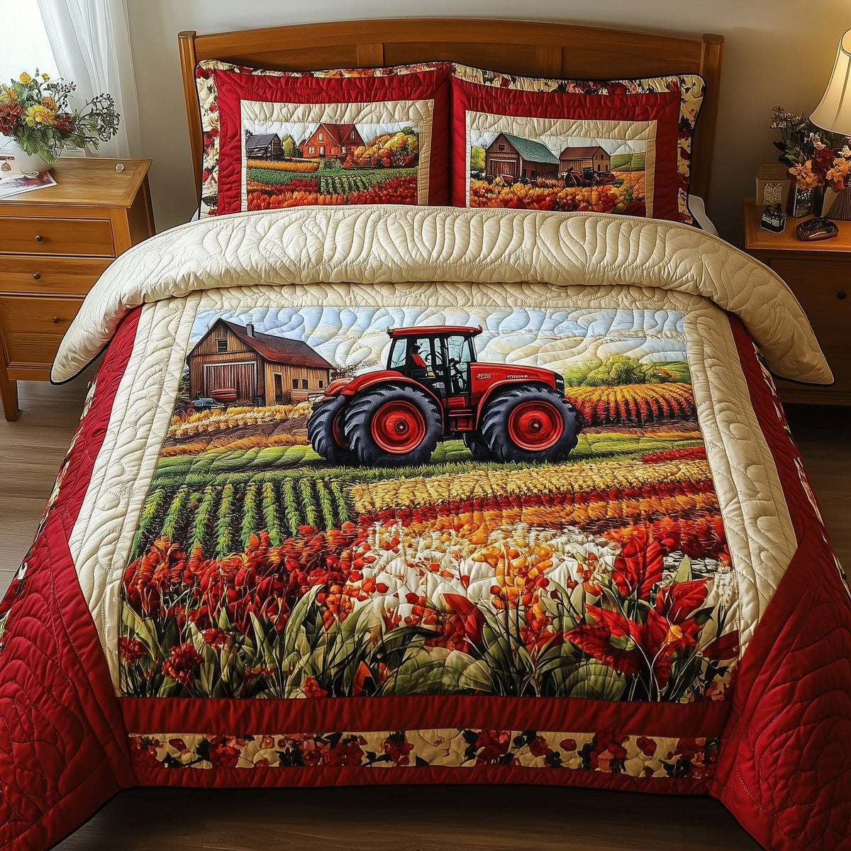 Red Tractor quilted 3-piece bedding set on a made bed with two matching pillow shams