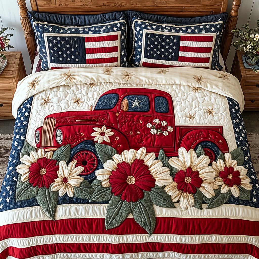 Red Truck USA quilted 3-piece bedding set on a made bed in a warmly lit bedroom