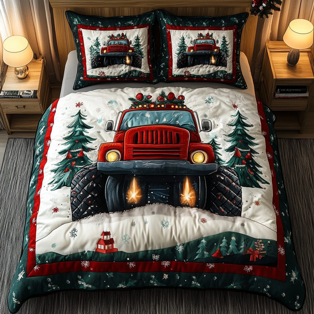 Red Truck Winter Dreams quilted 3-piece bedding set on a made bed in a winter-styled bedroom