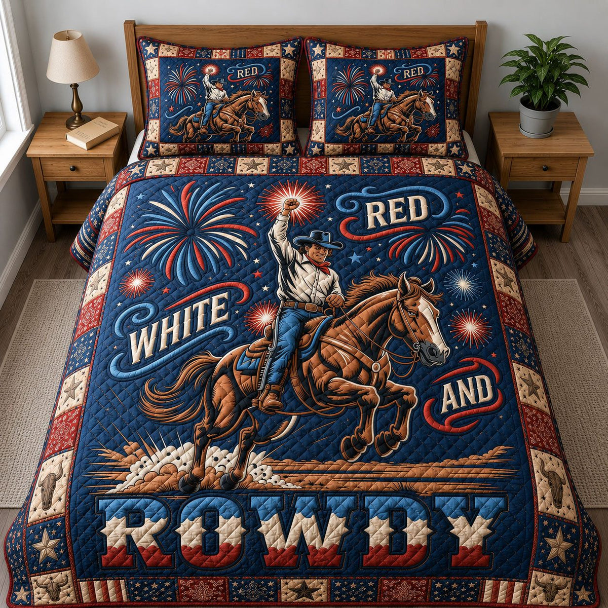 Red White & Freedom Rider quilted 3-piece bedding set on a made bed in a warmly lit bedroom