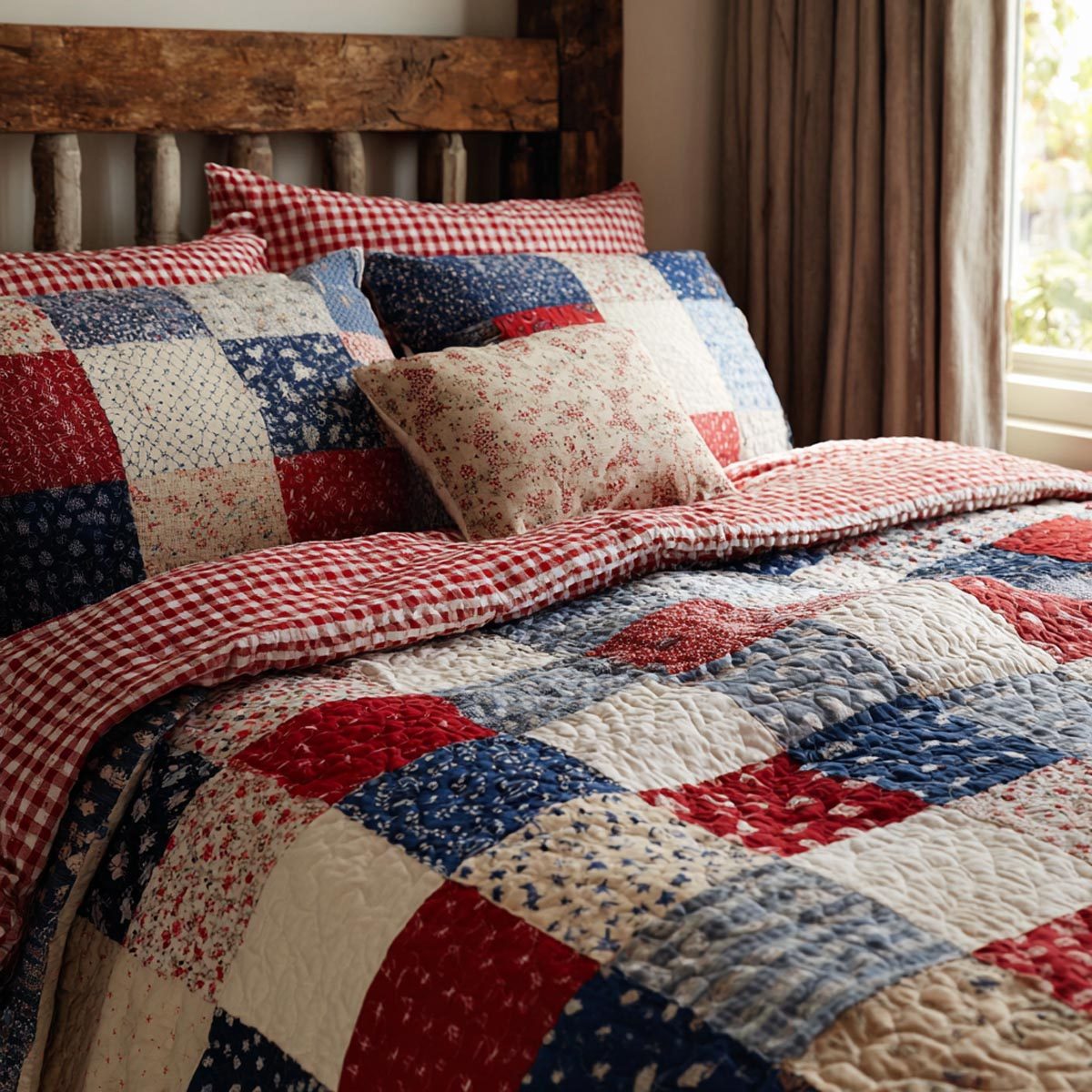 Red White quilted 3-piece bedding set on a made bed with two matching pillow shams