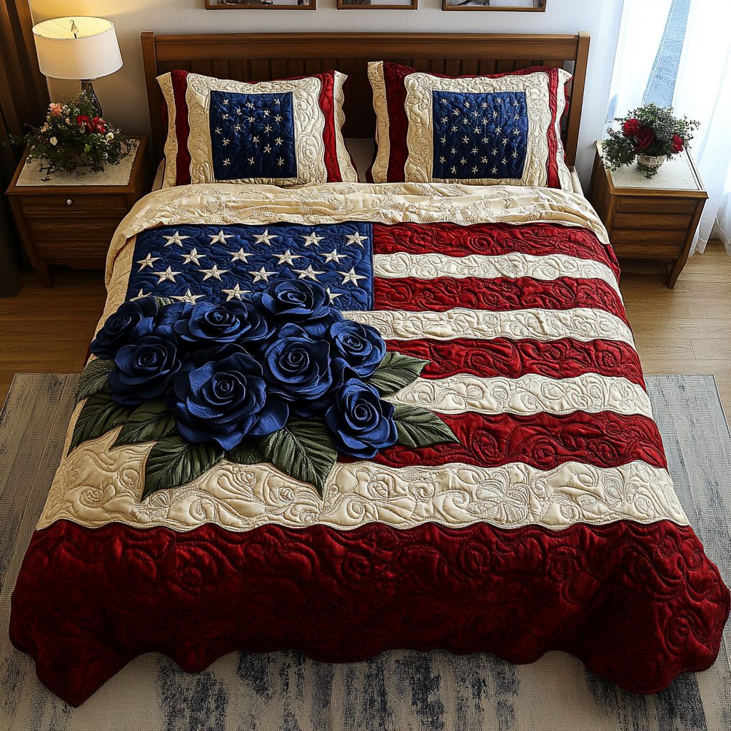 Red White Wild quilted 3-piece bedding set on a made bed with two matching pillow shams