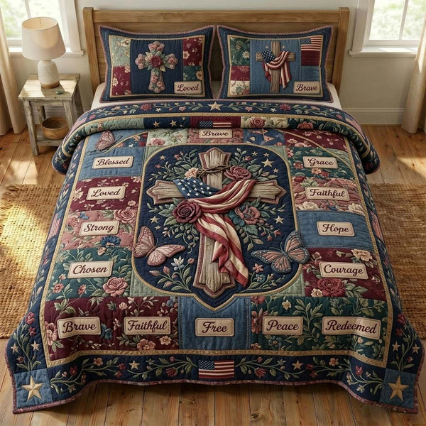 Redeemed Grace quilted 3-piece bedding set on a made bed in a softly lit bedroom