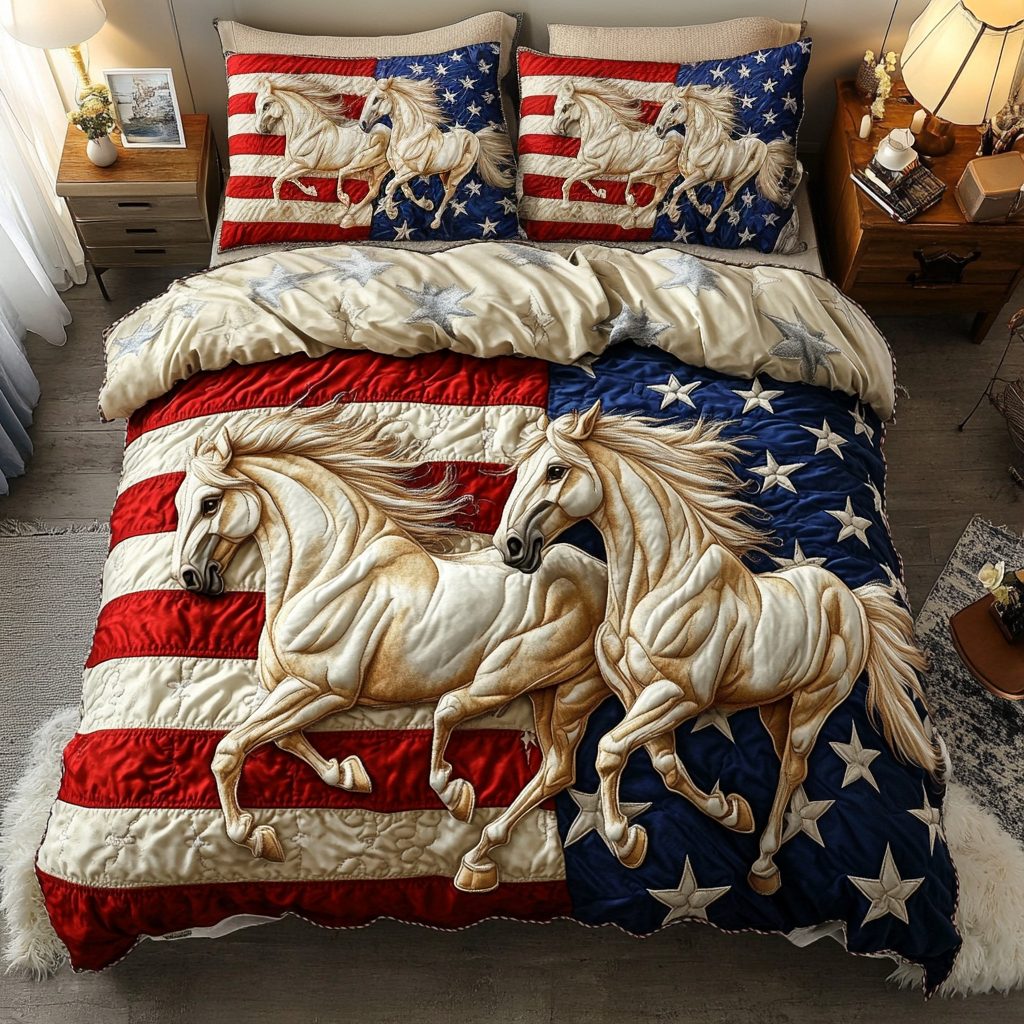 Redemption Horse quilted 3-piece bedding set on a made bed in a rustic timber bedroom
