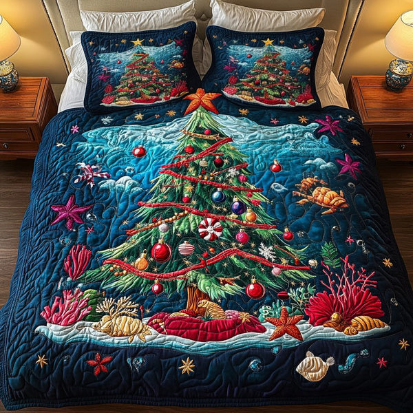 Reef Festive quilted 3-piece bedding set on a made bed in a winter-styled bedroom